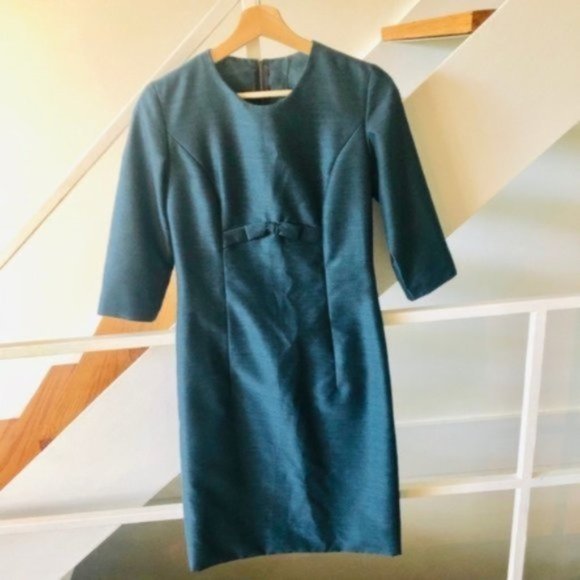 VTG Midcentury Steel Blue Shantung Feel Day Dress 1950s 60s - Picture 1 of 6
